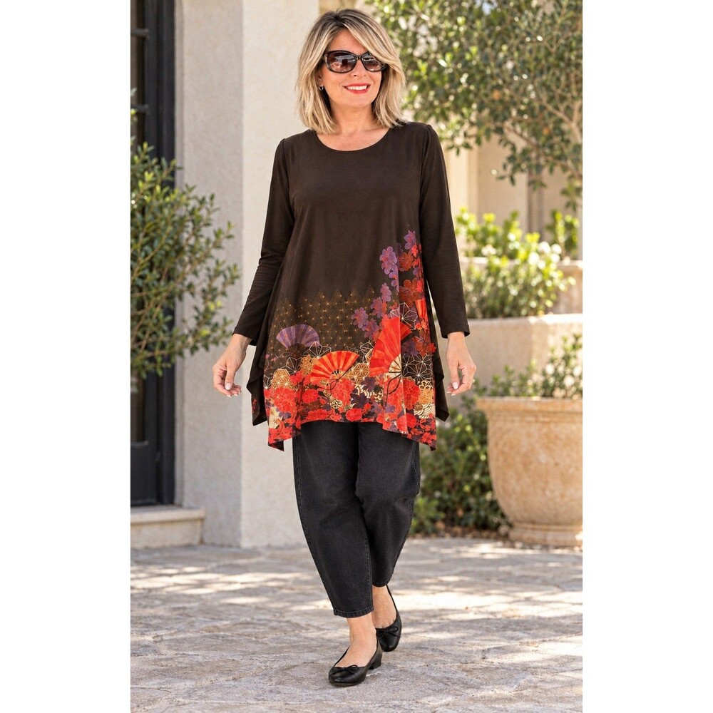 Citron Santa Monica Tunic Shirt Top Artsy Lagenlook Asian Japanese Fans L / XL